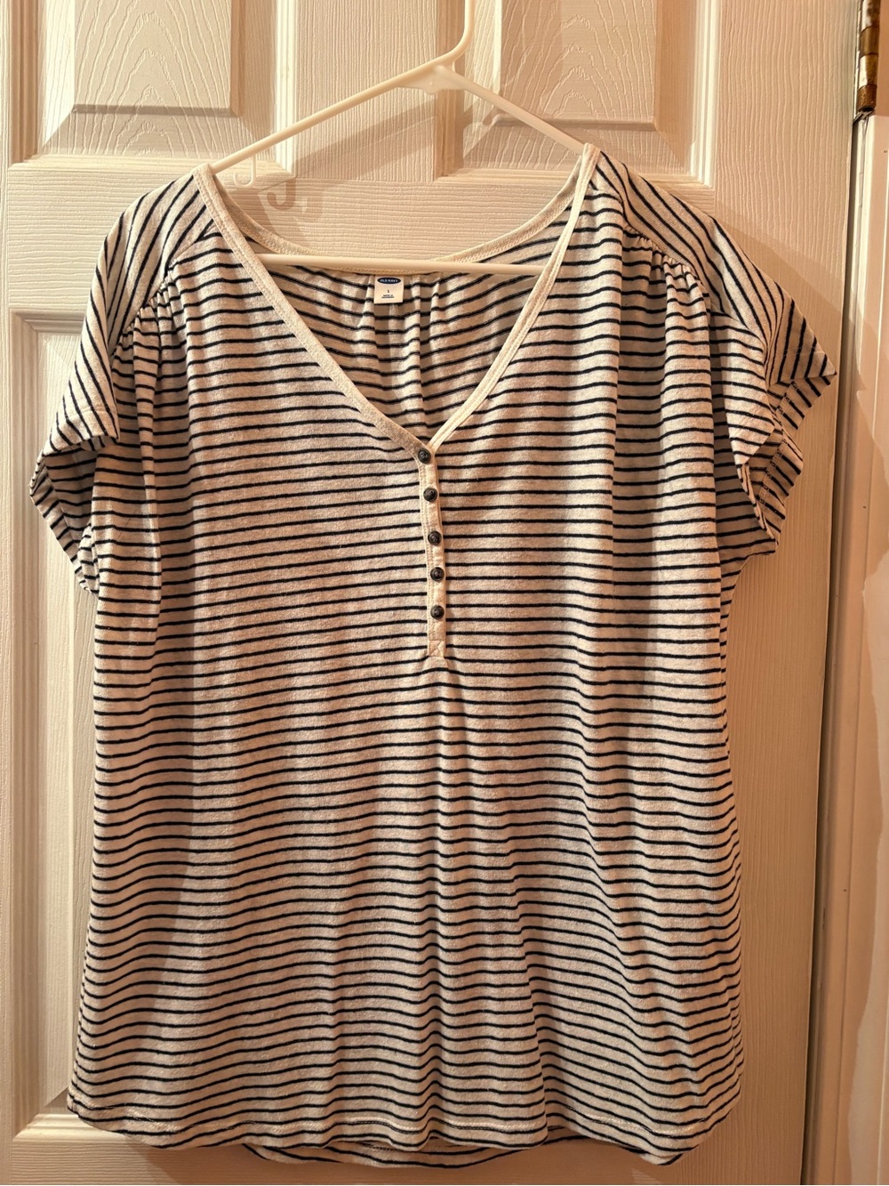Old Navy White and Black Striped V-Neck Henley Top